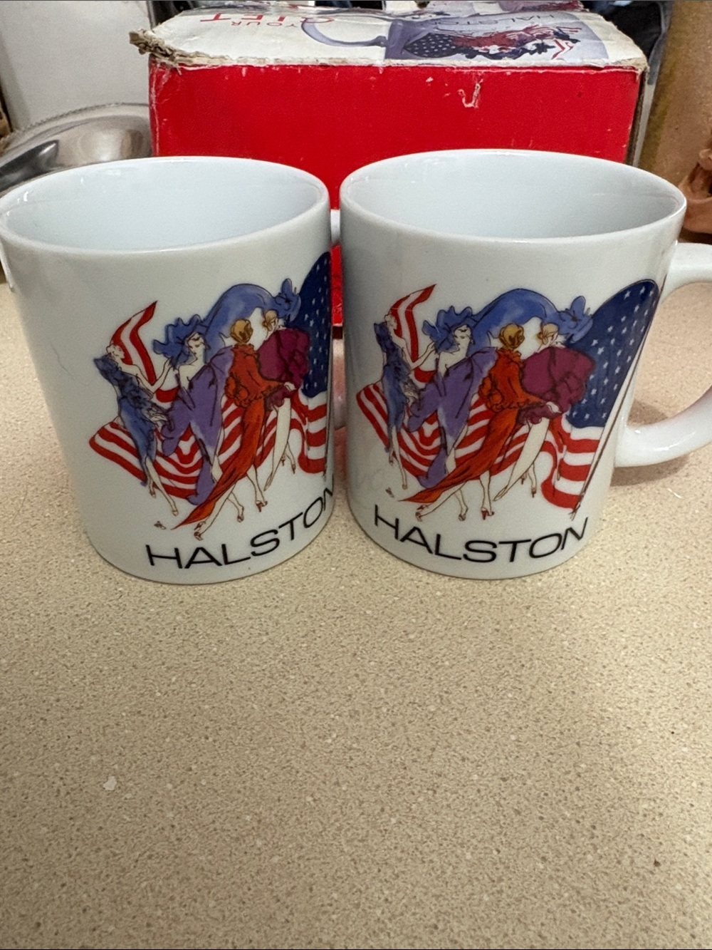 Halston Heritage White Ceramic Patriotic Graphic Mug - Set of 2 vintage 1992